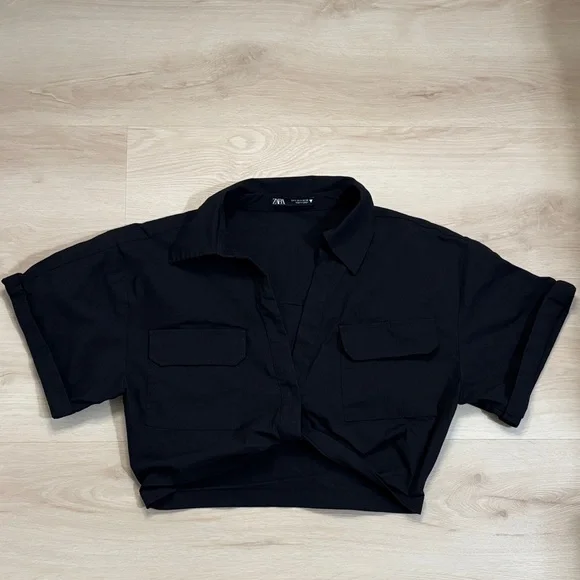Zara Black Poplin Utility Safari Crop Top W/ Knot short sleeve size S - Picture 6 of 13